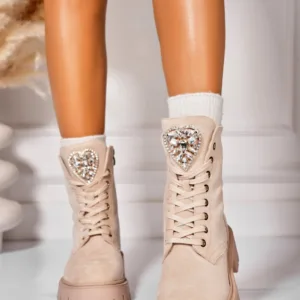 Ghete Dama Imblanite Bej din Piele Ecologica Intoarsa Edda