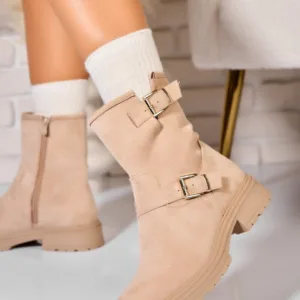 Ghete Dama Imblanite Bej din Piele Ecologica Intoarsa Haile