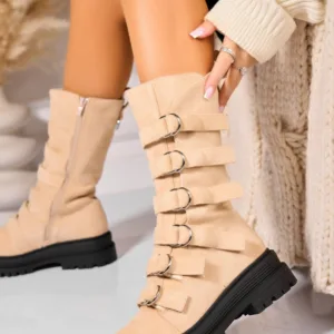 Ghete Dama Imblanite Bej din Piele Ecologica Intoarsa Wynter2