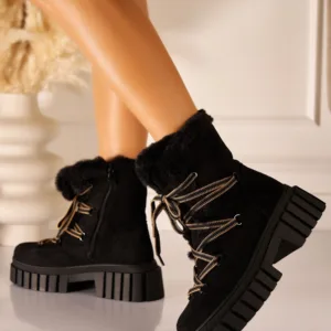 Ghete Dama Imblanite Negre din Piele Ecologica Intoarsa Roxanne